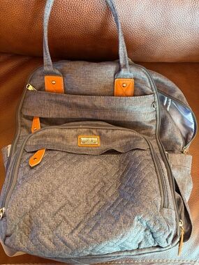 Quilted Gray baby Backpack with Brown Trim